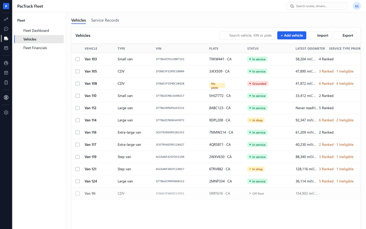 Amazon DSP fleet management software - Vehicles page
